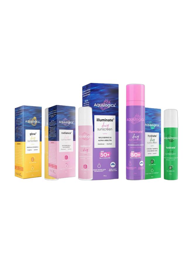 Aqualogica Dewy Sunscreen - Watermelon And Niacinamide, SPF 50+, PA+++, Protects From UVA, UVB, 50 g & lluminate+ Dewy All Skin Type Sunscreen Spf 50+ Pa++++ With Wild BerriesAndAlpha Arbutin - 50 G Protection Against Uva/BAndBlue Light Protection Fragrance-Free For LuminousAndSun Protected Skin & Glow+ Dewy Sunscreen SPF 50 PA+++ For UVA/B And Blue Light Protection, for Glowing And Well Protected Skin, Cream, 50G & Hydrate+ Dewy Sunscreen SPF 50 PA+++ 50g | UVA/B And Blue Light Protection for Men And Women | For Oily, Combination And Dry Skin | Fragrance-Free Bundle - Image 1