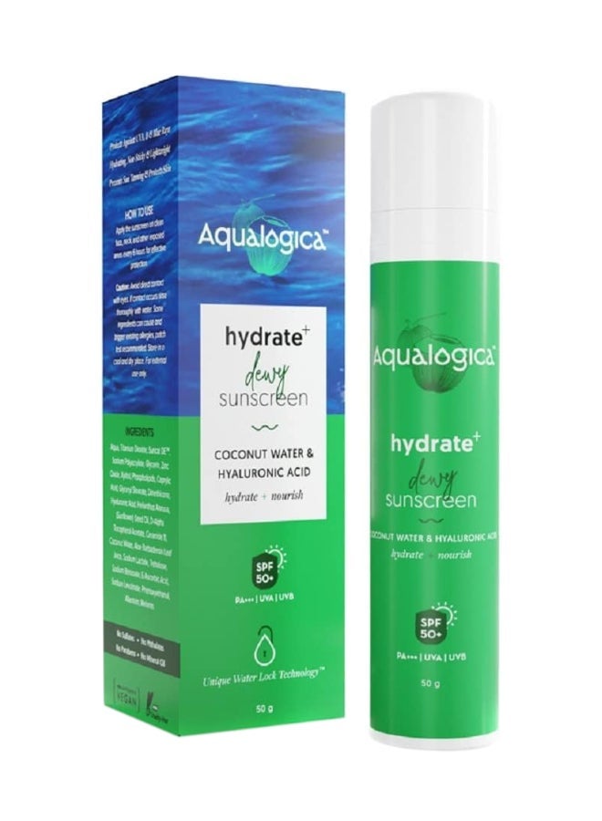 Aqualogica Dewy Sunscreen - Watermelon And Niacinamide, SPF 50+, PA+++, Protects From UVA, UVB, 50 g & lluminate+ Dewy All Skin Type Sunscreen Spf 50+ Pa++++ With Wild BerriesAndAlpha Arbutin - 50 G Protection Against Uva/BAndBlue Light Protection Fragrance-Free For LuminousAndSun Protected Skin & Glow+ Dewy Sunscreen SPF 50 PA+++ For UVA/B And Blue Light Protection, for Glowing And Well Protected Skin, Cream, 50G & Hydrate+ Dewy Sunscreen SPF 50 PA+++ 50g | UVA/B And Blue Light Protection for Men And Women | For Oily, Combination And Dry Skin | Fragrance-Free Bundle - Image 5