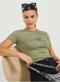 Embroidered Round Neck Fitted Crop T-Shirt