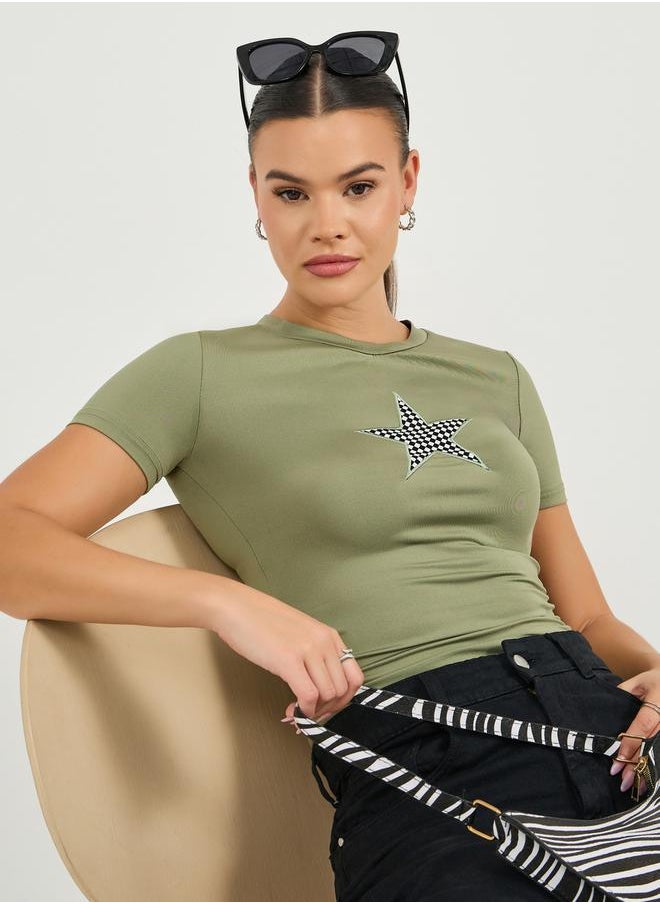 Styli - Embroidered Round Neck Fitted Crop T-Shirt - Image 1