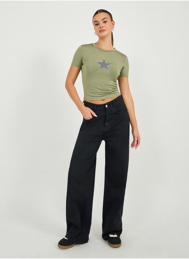 Styli - Embroidered Round Neck Fitted Crop T-Shirt - Image 1