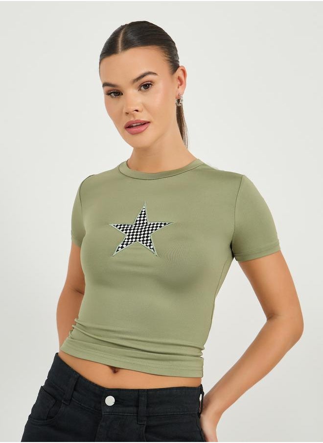 Styli - Embroidered Round Neck Fitted Crop T-Shirt - Image 1