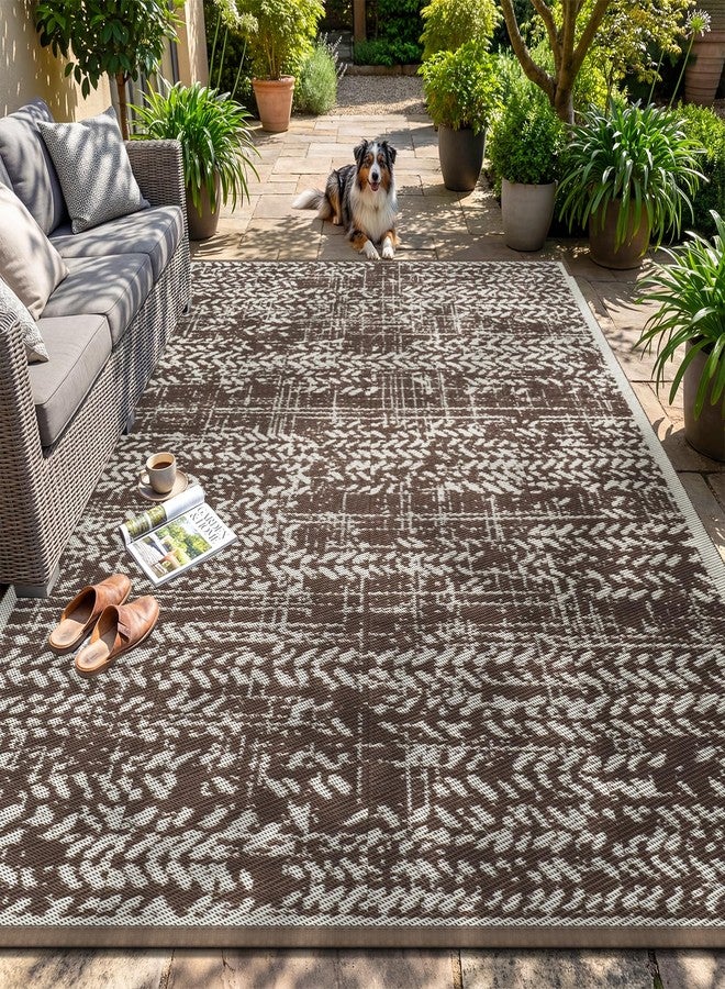 MontVoo Outdoor Rug Waterproof-Patio Rug Mat 5x8 Outdoor Carpet Reversible RV Camping Picnic Plastic Straw Rug Outside Outdoor Area Rug for Balcony Deck Backyard Patio Decor Boho Modern-Brown - Image 1