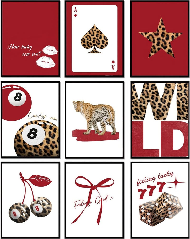 LOARTVE 9Pcs Trendy Red Leopard Wall Art Prints Funky Lucky 8 Ball Posters Preppy Cheetah Aesthetic Wall Decor Pictures Girly Bedroom Apartment Dorm Unframed 8x10in - Image 1