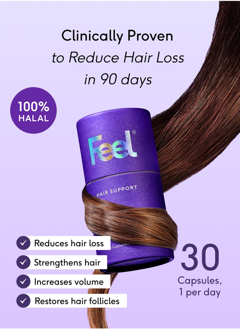 FEEL - Feel Hair Support - Hair Growth Supplement - Natural Support for Thinning Hair with Keranat and Biotin - Strengthens Hair Follicles, Boosts Shine and Volume - 100% Halal, Vegan - 30 Capsules - Image 1