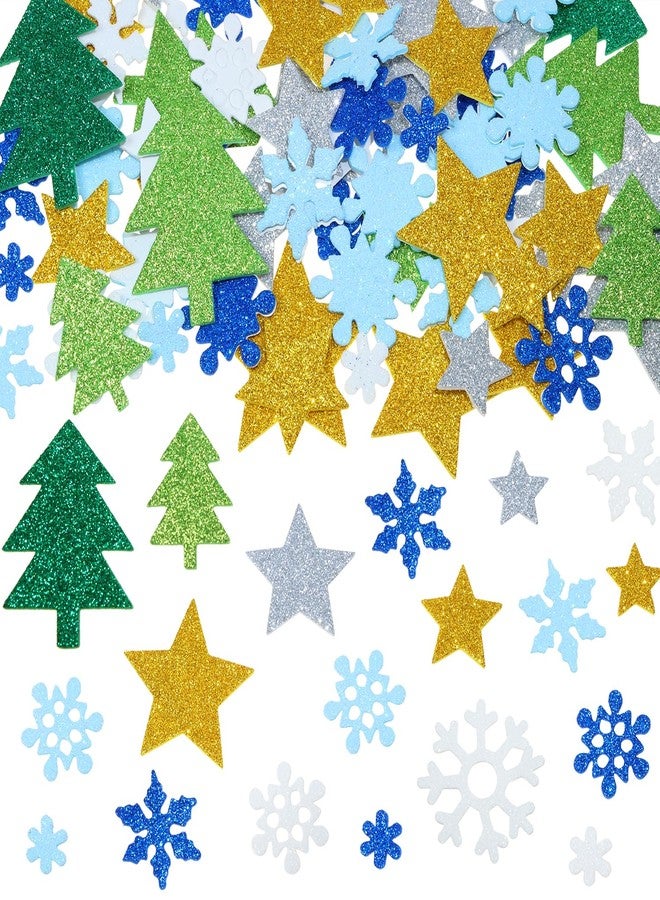PPhtony Christmas Foam Stickers 150Pcs Self-Adhesive Glitter Snowflake Xmas Tree Star Ornament Stickers for Crafts Party Favors Decoration (150) - Image 1