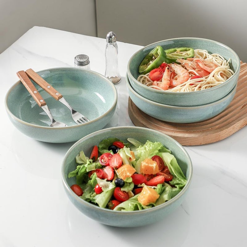 HVH 85 inch Large Pasta Bowls Set of 4 46oz Big Salad Bowl Set of 4 Shallow Bowls Dinner Bowls Set Ceramic Bowls Set Microwave and Dishwasher Safe Smooth glaze Turquoise - Image 3