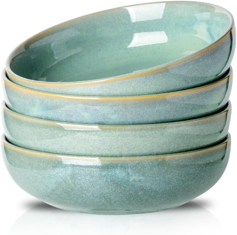 HVH 85 inch Large Pasta Bowls Set of 4 46oz Big Salad Bowl Set of 4 Shallow Bowls Dinner Bowls Set Ceramic Bowls Set Microwave and Dishwasher Safe Smooth glaze Turquoise - Image 1