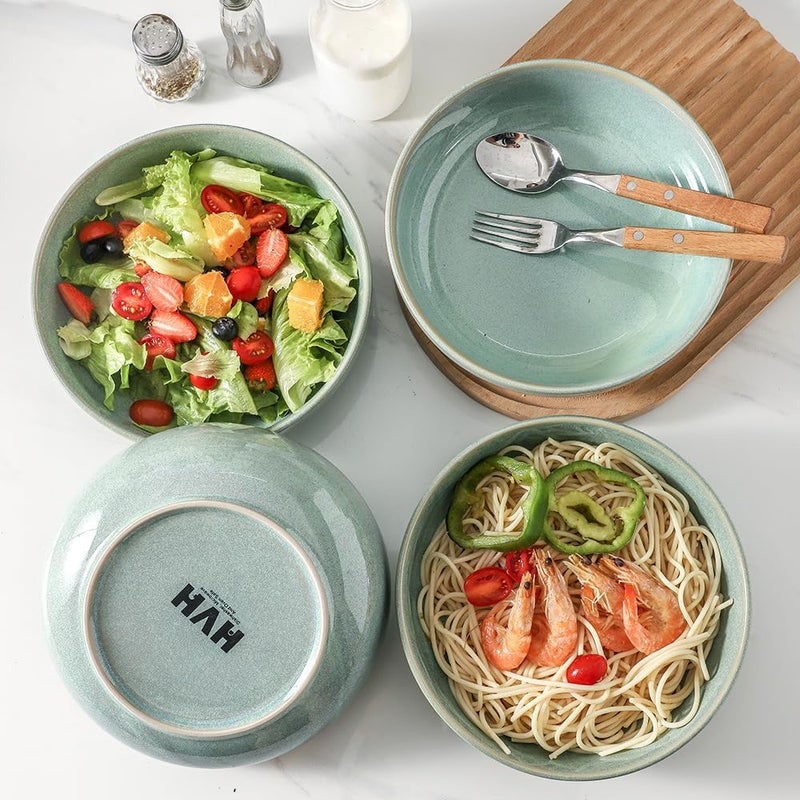 HVH 85 inch Large Pasta Bowls Set of 4 46oz Big Salad Bowl Set of 4 Shallow Bowls Dinner Bowls Set Ceramic Bowls Set Microwave and Dishwasher Safe Smooth glaze Turquoise - Image 2