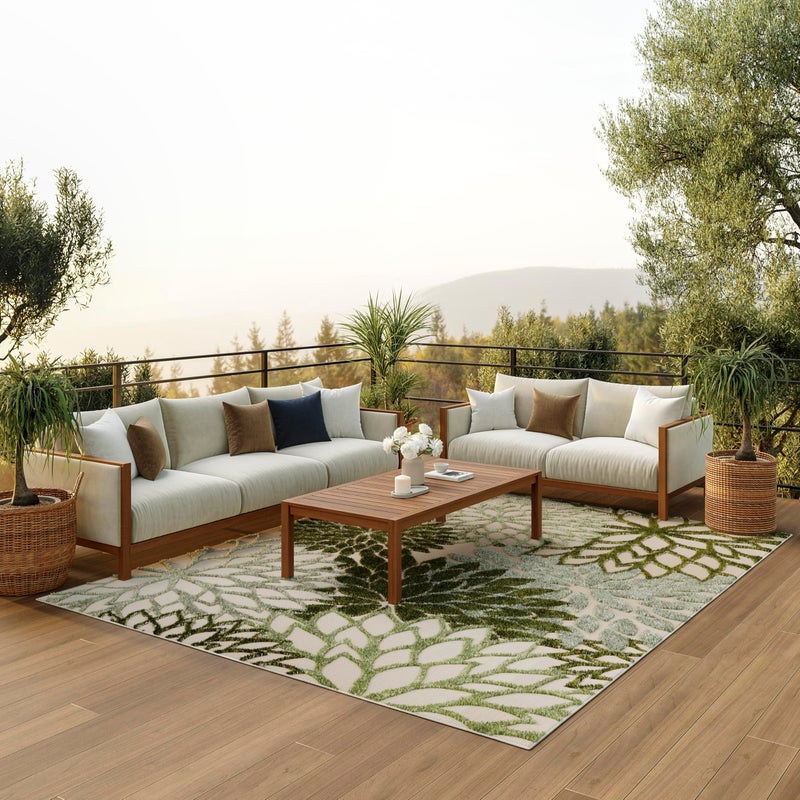 Nourison Home Aloha Indoor/Outdoor Ivory Green 7'10" x 10'6" Area Rug, Easy-Cleaning, Non Shedding, Bed Room, Living Room, Dining Room, Backyard, Patio, Deck (8x11) - Image 1