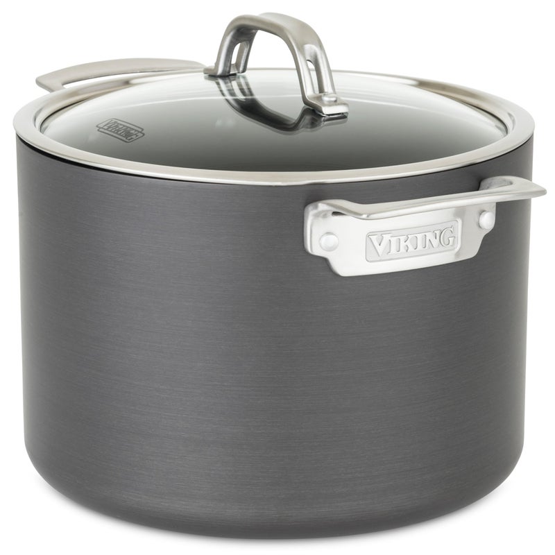 وعاء طهي فايكنغ غير لاصق سعة 8 كوارت من الألمنيوم المؤكسد الصلب مع غطاء زجاجي رمادي