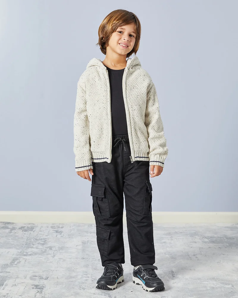 Redtag Boys White Hooded Zip Thru  Pullover