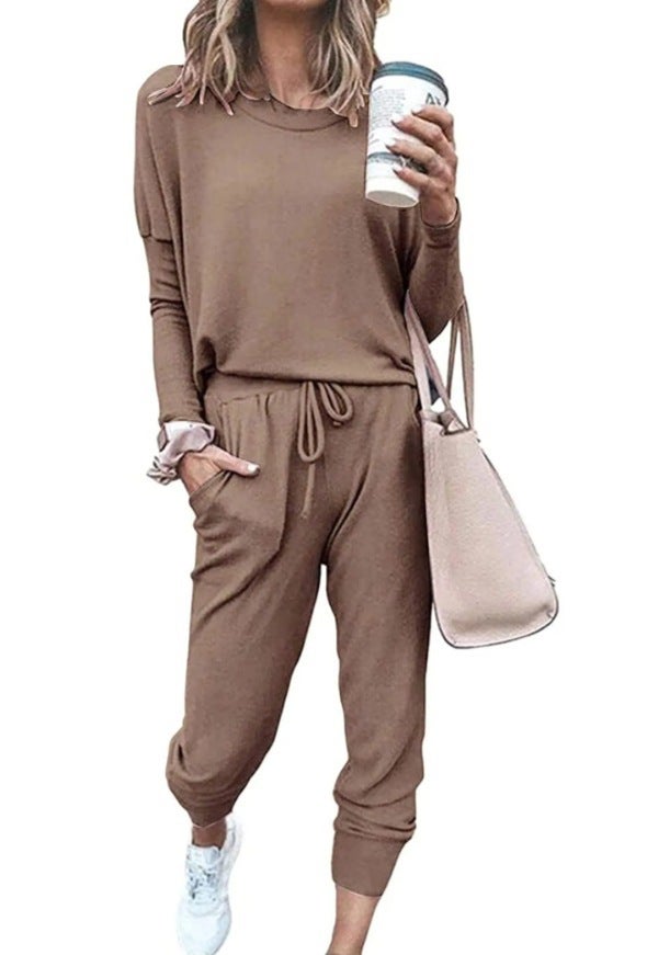 2024 Amazon Autumn New Independent European and American Cross-border Shrimp Womens Home Solid Color Casual Fashion Light brown