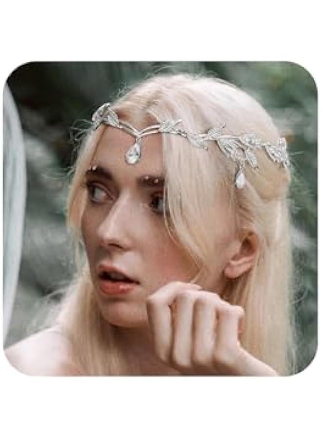 Rhinestone Leaf Wedding Crown Headband for Brides, Crystal Pendent Fairy Tiara Headband for Wedding Prom Birthday - Image 1