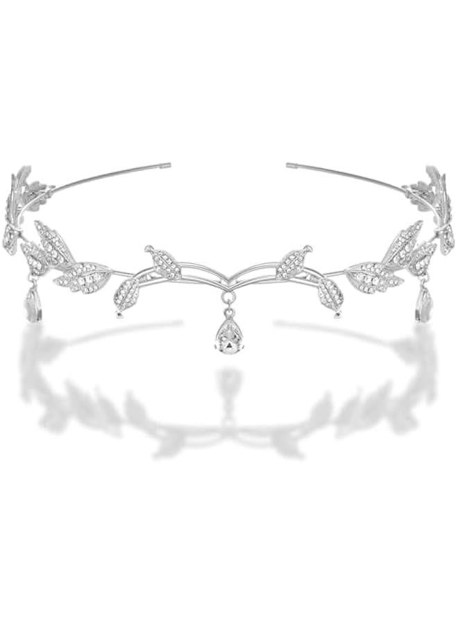 Rhinestone Leaf Wedding Crown Headband for Brides, Crystal Pendent Fairy Tiara Headband for Wedding Prom Birthday - Image 5