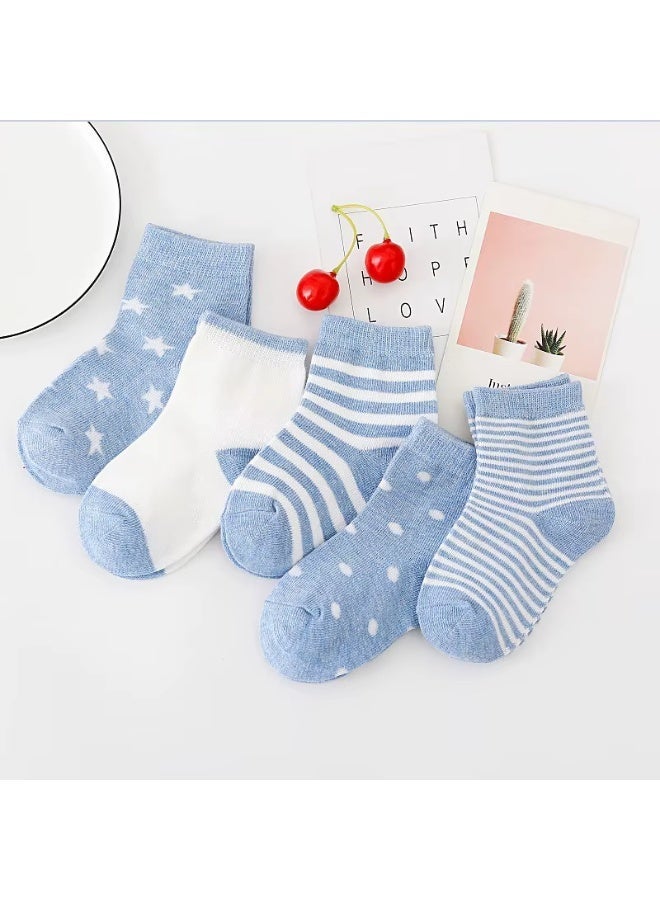 Lion Llama Kids Crew Socks | 5 Pairs Girls Cotton Socks with Stars, Stripes and Polka Dot Patterns | Blue & White | Soft Breathable Toddler Socks