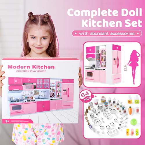 SOCBTNSO 64 PCS Pink Kitchen Toys with Lights SoundsMini Kitchen House Furniture Sets for Kids Ages 48Doll Playset Toys for Toddlers 35Birthday Gifts for 3 4 5 6 7 8 Old Girls - Image 5