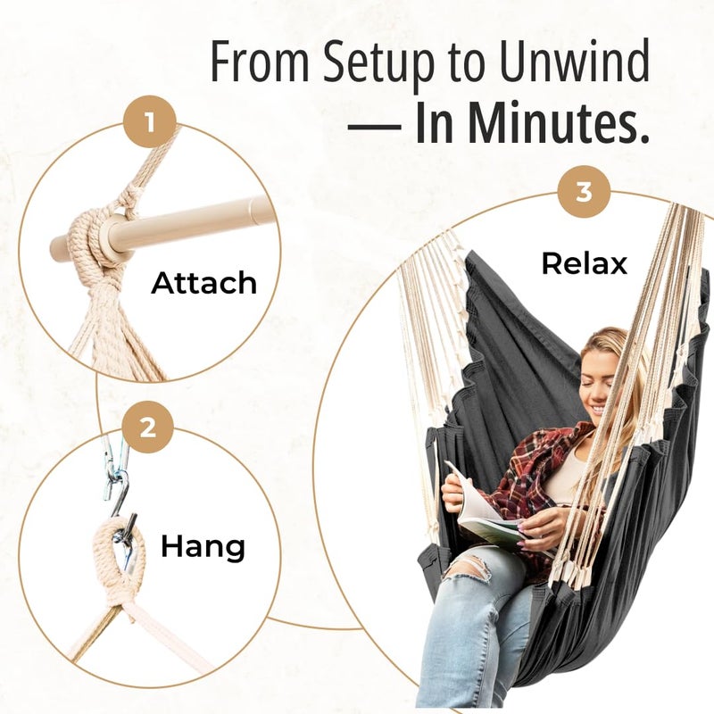 EXTIRIO Hanging Hammock Chair Swing â€“ Hanging Chair Outdoor & Indoor - Hammock Swing Chair â€“ Quick & Easy Setup with Hardware Kit â€“ Durable & Spacious Full Body Support â€“ Holds 440 Lbs - Image 3