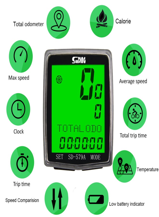 SunDING Wired Bike Computer Waterproof Bicycle Odometer Multi Functional LCD Screen Cycling Speedometer Mountain Bike Speed Meter with Green Backlight - Image 2