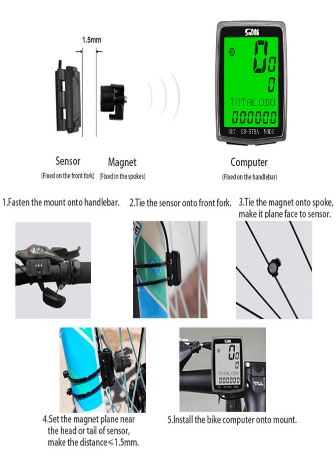 SunDING Wired Bike Computer Waterproof Bicycle Odometer Multi Functional LCD Screen Cycling Speedometer Mountain Bike Speed Meter with Green Backlight - Image 3