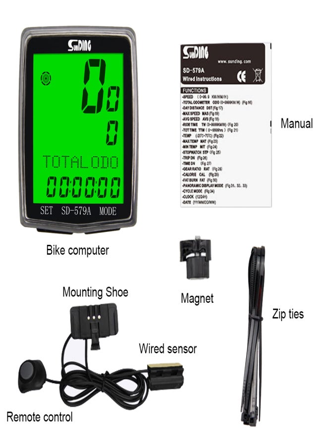 SunDING Wired Bike Computer Waterproof Bicycle Odometer Multi Functional LCD Screen Cycling Speedometer Mountain Bike Speed Meter with Green Backlight - Image 5