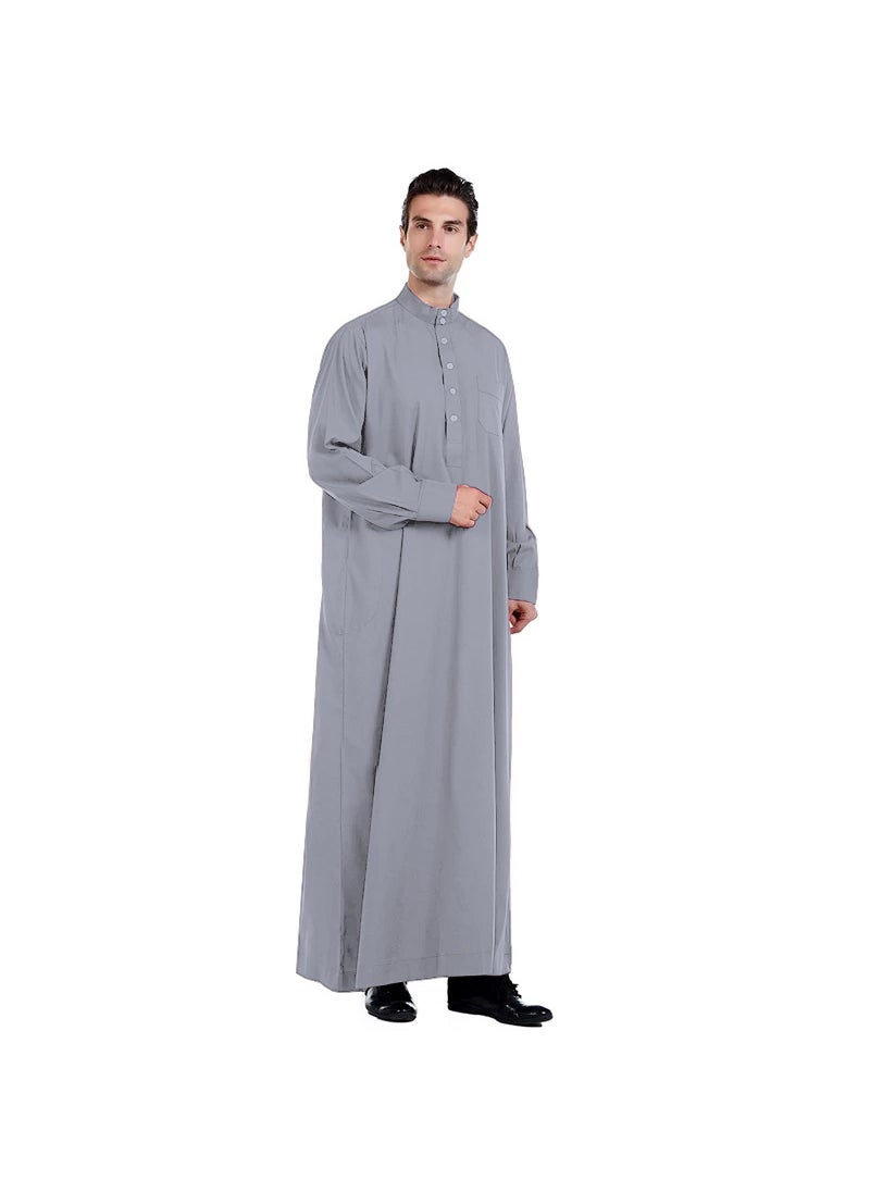 Generic Polyester Mens Robe Qatar Stand Collar Design with Pockets Gray  - Image 1