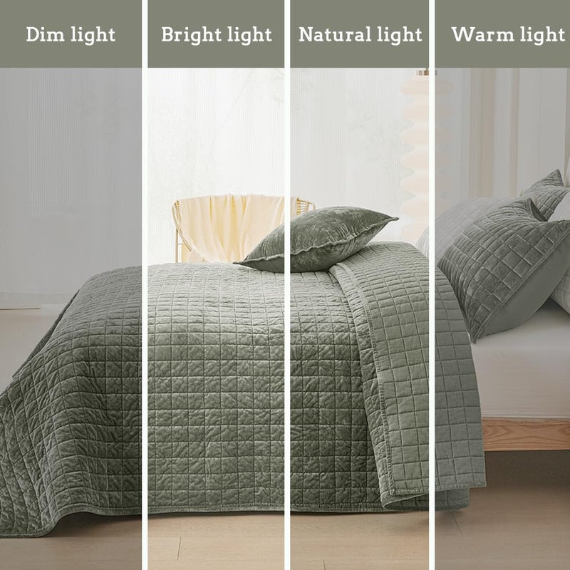 COCOPLOCEUS Quilt Set Oversized King Size 120x128 Luxurious Velvet Bedding Sets with 2 Pillow Shams 20x36 3 Pieces Ultra Soft Quilted Bedspread Coverlet Comforter for All Season,Army Green - Image 2