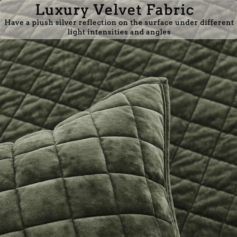 COCOPLOCEUS Quilt Set Oversized King Size 120x128 Luxurious Velvet Bedding Sets with 2 Pillow Shams 20x36 3 Pieces Ultra Soft Quilted Bedspread Coverlet Comforter for All Season,Army Green - Image 4
