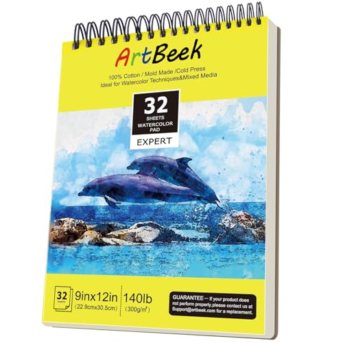 ArtBeek Watercolor Pad 9x12 Inch, 32 Sheets (140lb/300gsm), 100% Cotton Watercolor Paper,Cold Pressed,Acid-Free, Art Sketchbook Pad for Painting & Drawing, Wet, Mixed Media - Image 1
