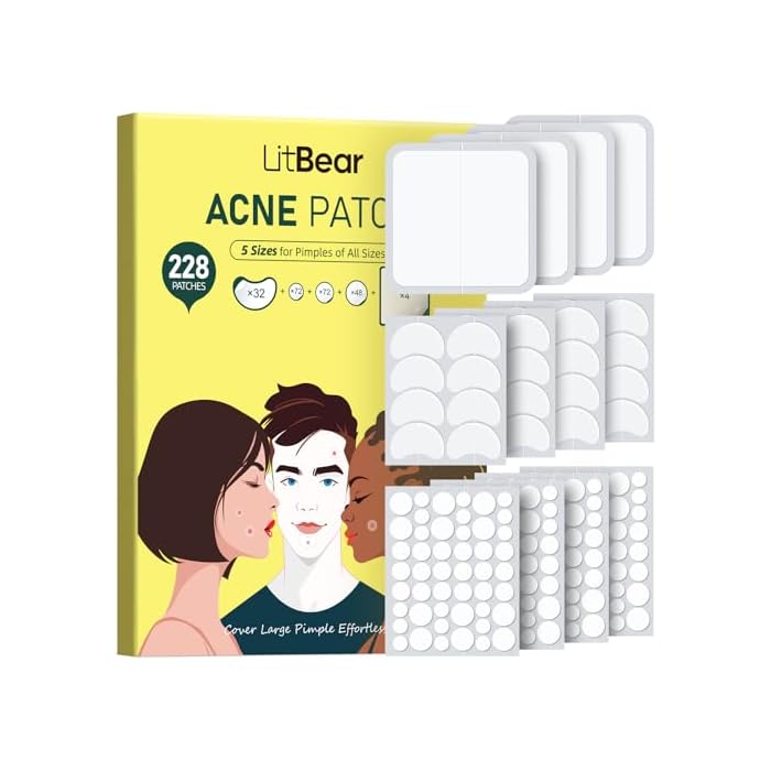 LitBear Pimple Patches for Face, Large Acne Patch, XL Hydrocolloid Bandages,Zit Stickers for Forehead, Chin, Nose, Body, Back, and Chest (5 Sizes, 228 Pimple Patches)