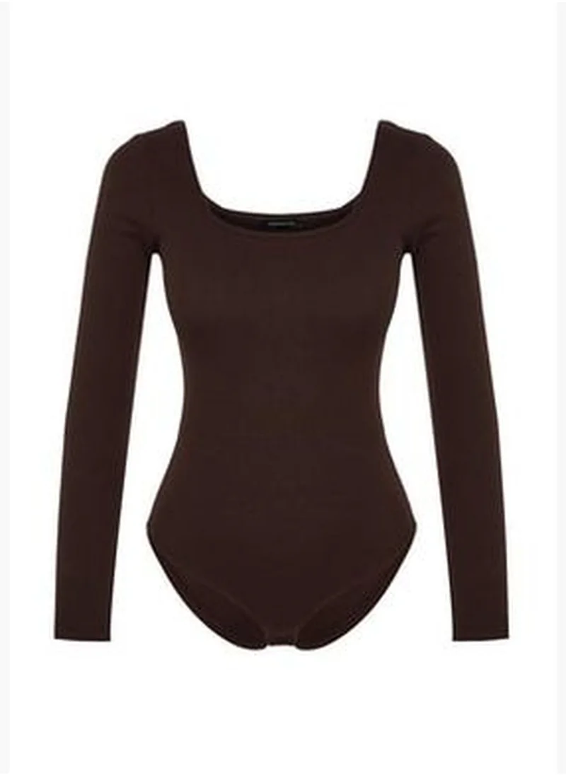 trendyol Brown Square Collar Long Sleeved Corduroy Stretchy Knitted Bodysuit TWOAW21BD0022