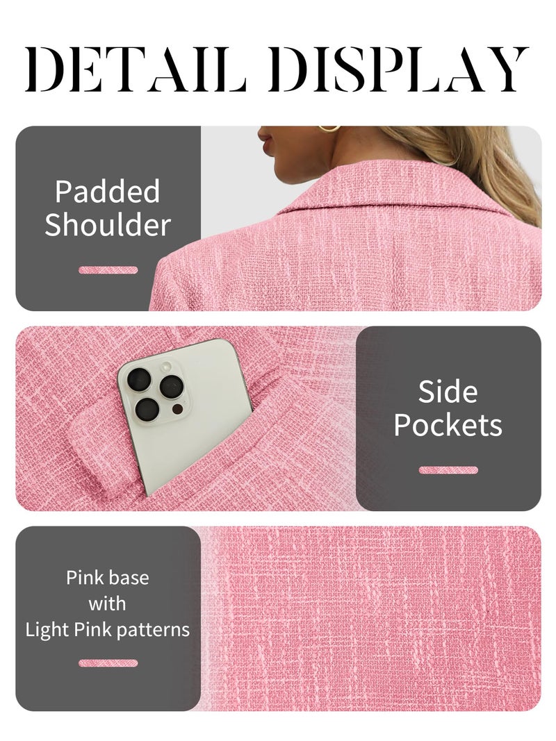 ELLEVEN Womens Tweed Blazers Business Casual Long Sleeve Double Breasted Bottons Jackets Work Suit Slim Fit Dressy Elegant Pockets Plaid Blazer Padded Shoulder Spring Fall Winter Light Pink XX-Large - Image 5