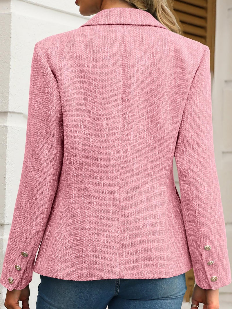 ELLEVEN Womens Tweed Blazers Business Casual Long Sleeve Double Breasted Bottons Jackets Work Suit Slim Fit Dressy Elegant Pockets Plaid Blazer Padded Shoulder Spring Fall Winter Light Pink XX-Large - Image 2