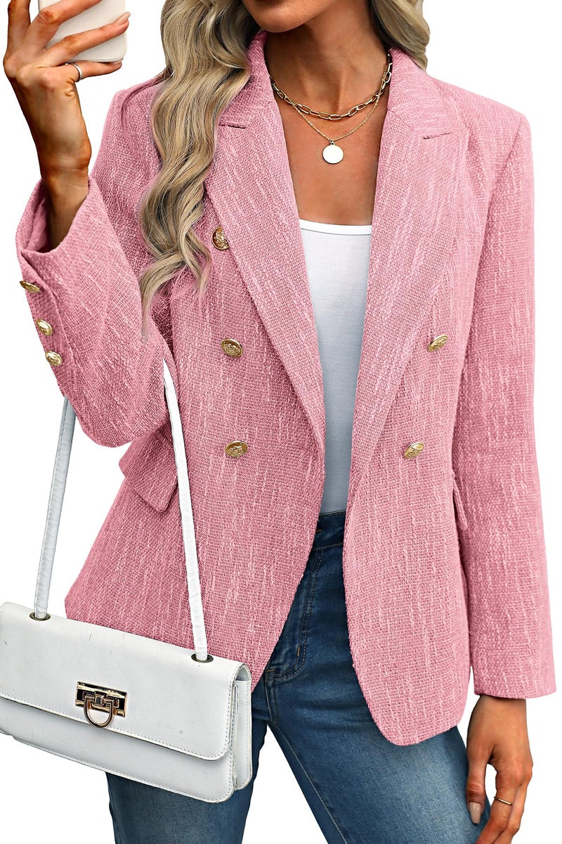 ELLEVEN Womens Tweed Blazers Business Casual Long Sleeve Double Breasted Bottons Jackets Work Suit Slim Fit Dressy Elegant Pockets Plaid Blazer Padded Shoulder Spring Fall Winter Light Pink XX-Large - Image 1