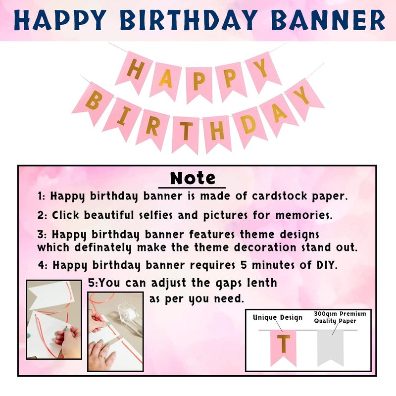 Party Propz Pink Happy Birthday Decoration Kit Combo -34Pcs Set With Happy Birthday Banner, Confetti, Metallic Balloons, Swirls, Pom Pom/ Birthday Decoration kit for Girls/ Birthday Decoration Items - Image 3