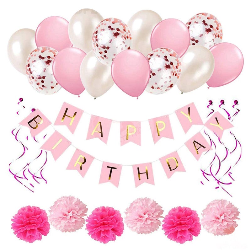 Party Propz Pink Happy Birthday Decoration Kit Combo -34Pcs Set With Happy Birthday Banner, Confetti, Metallic Balloons, Swirls, Pom Pom/ Birthday Decoration kit for Girls/ Birthday Decoration Items - Image 1