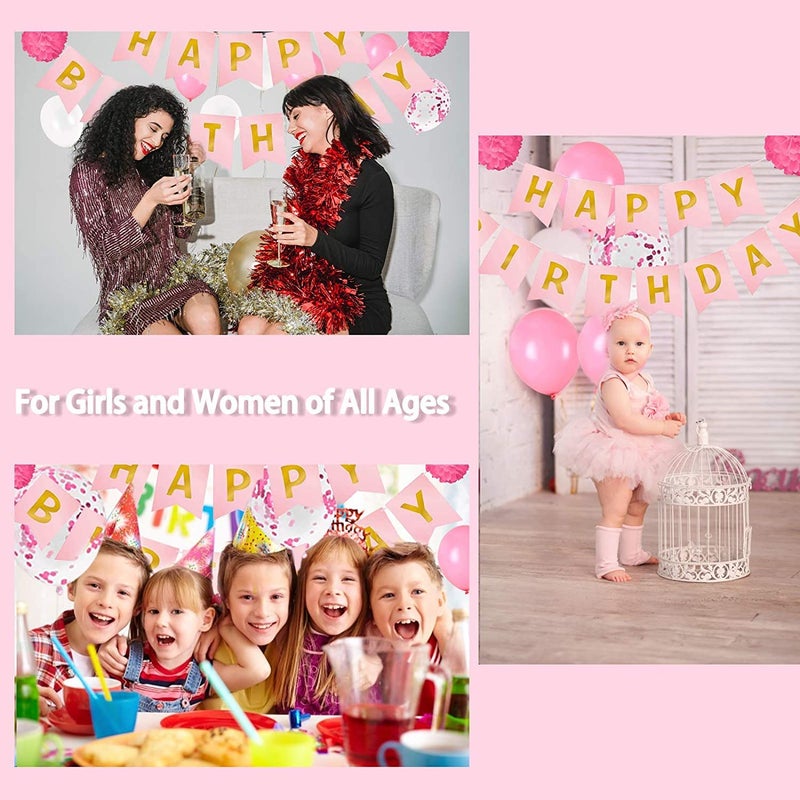 Party Propz Pink Happy Birthday Decoration Kit Combo -34Pcs Set With Happy Birthday Banner, Confetti, Metallic Balloons, Swirls, Pom Pom/ Birthday Decoration kit for Girls/ Birthday Decoration Items - Image 5