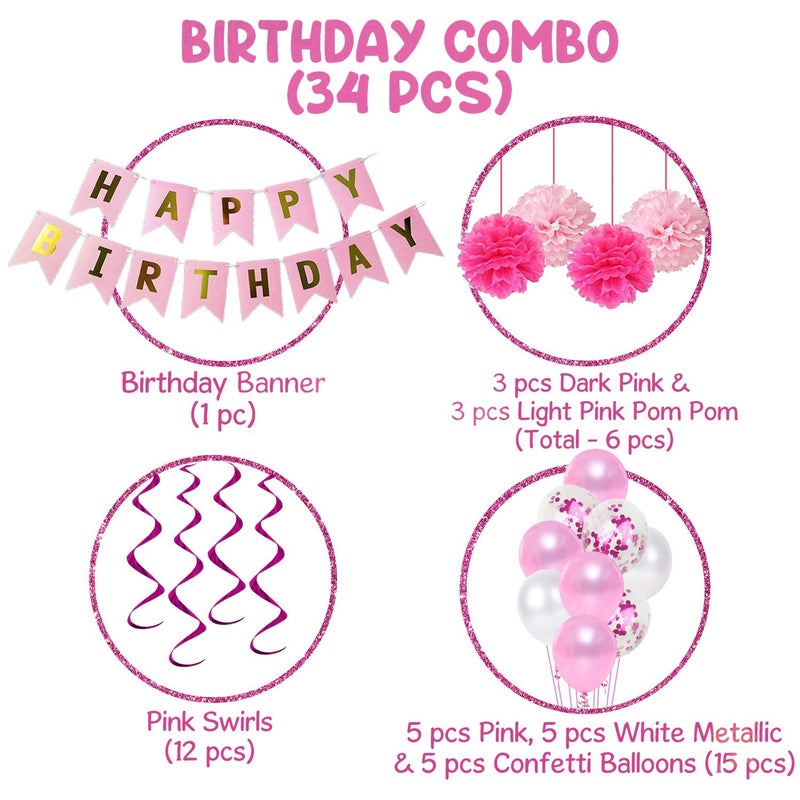 Party Propz Pink Happy Birthday Decoration Kit Combo -34Pcs Set With Happy Birthday Banner, Confetti, Metallic Balloons, Swirls, Pom Pom/ Birthday Decoration kit for Girls/ Birthday Decoration Items - Image 2