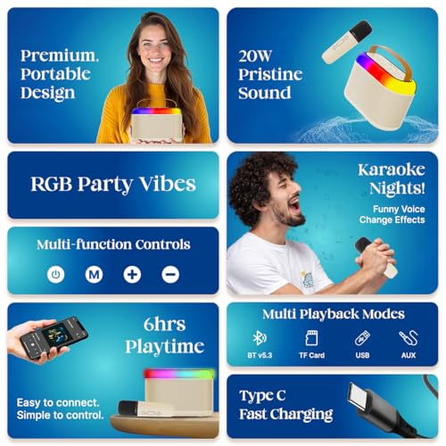pTron Newly Launched Fusion Joy 20W Bluetooth Speaker with Wireless Karaoke Mic, 6Hrs Playtime, Vivid RGB Lights, Voice Effects, Multi-Play Modes BT5.3/TF Card & Type-C Charging Port (Light Cream) - Image 2