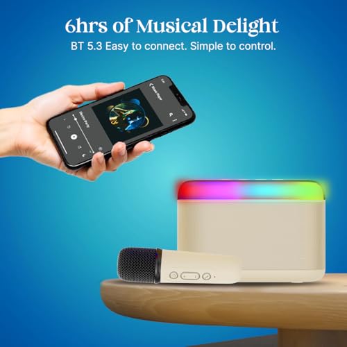 pTron Newly Launched Fusion Joy 20W Bluetooth Speaker with Wireless Karaoke Mic, 6Hrs Playtime, Vivid RGB Lights, Voice Effects, Multi-Play Modes BT5.3/TF Card & Type-C Charging Port (Light Cream) - Image 4