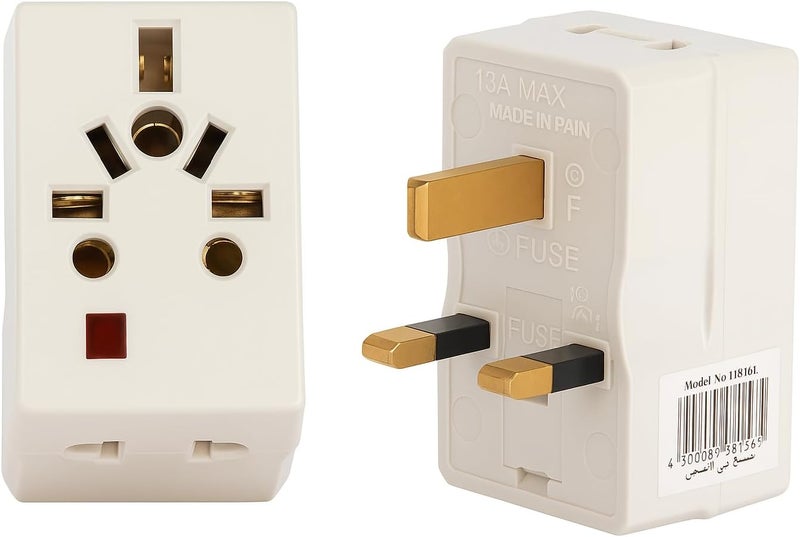 Universal UK Travel Adapter, 13A 250V, 3-Pin Plug with Fuse, Multi-Socket Design, White, Pack of 2 - Image 1