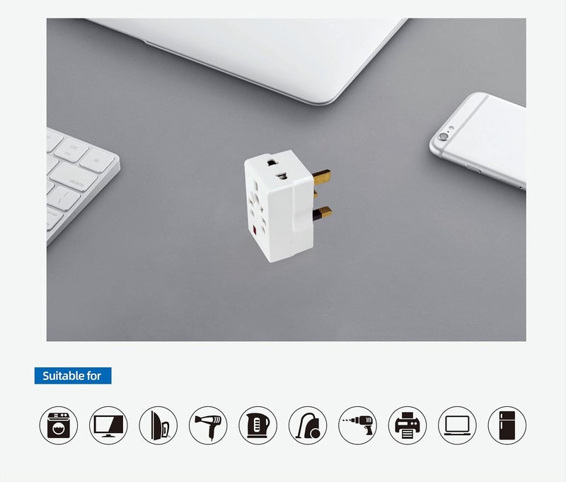 Universal UK Travel Adapter, 13A 250V, 3-Pin Plug with Fuse, Multi-Socket Design, White, Pack of 2 - Image 5