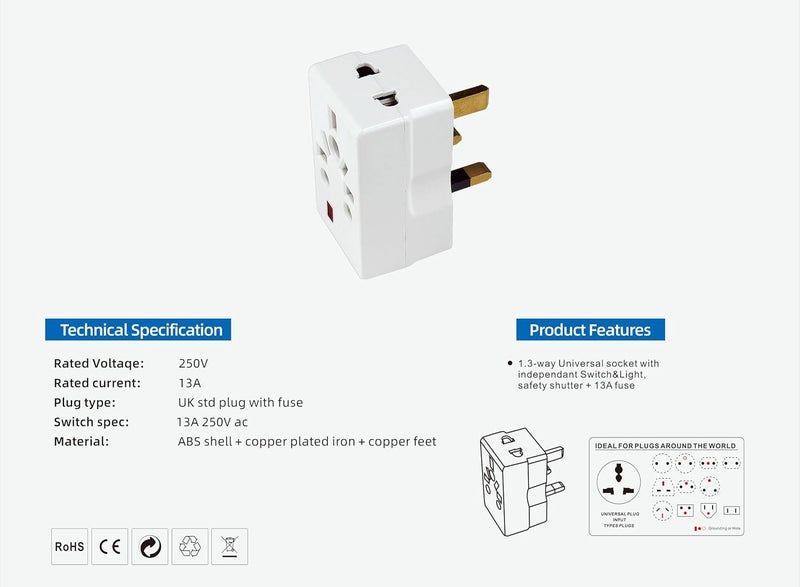 Universal UK Travel Adapter, 13A 250V, 3-Pin Plug with Fuse, Multi-Socket Design, White, Pack of 2 - Image 4