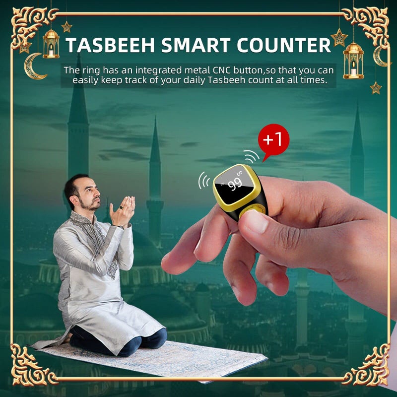 Equantu Qibla Ring Tasbih Counter Prayer Reminder Smart Ring with 5 Prayer Time Reminder, Screen Flip, Multi-Language in Black, 18mm - Image 2