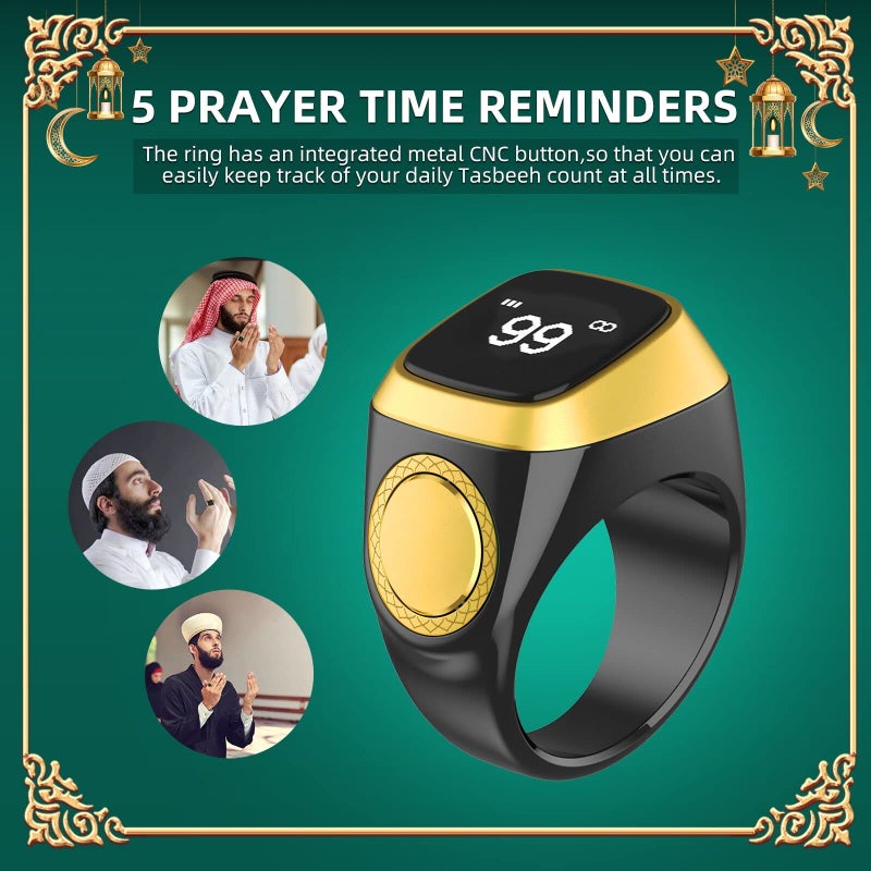 Equantu Qibla Ring Tasbih Counter Prayer Reminder Smart Ring with 5 Prayer Time Reminder, Screen Flip, Multi-Language in Black, 18mm - Image 3