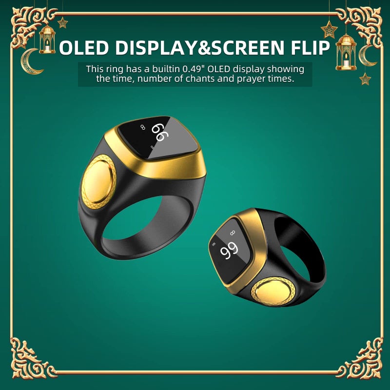 Equantu Qibla Ring Tasbih Counter Prayer Reminder Smart Ring with 5 Prayer Time Reminder, Screen Flip, Multi-Language in Black, 18mm - Image 4