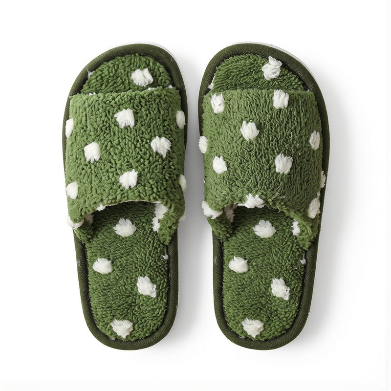 Women's Fuzzy Polka Dot Open Toe House Slippers Non-Slip Soft Sole Indoor 36-37 Green - Image 3