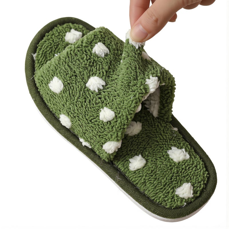 Women's Fuzzy Polka Dot Open Toe House Slippers Non-Slip Soft Sole Indoor 36-37 Green - Image 5