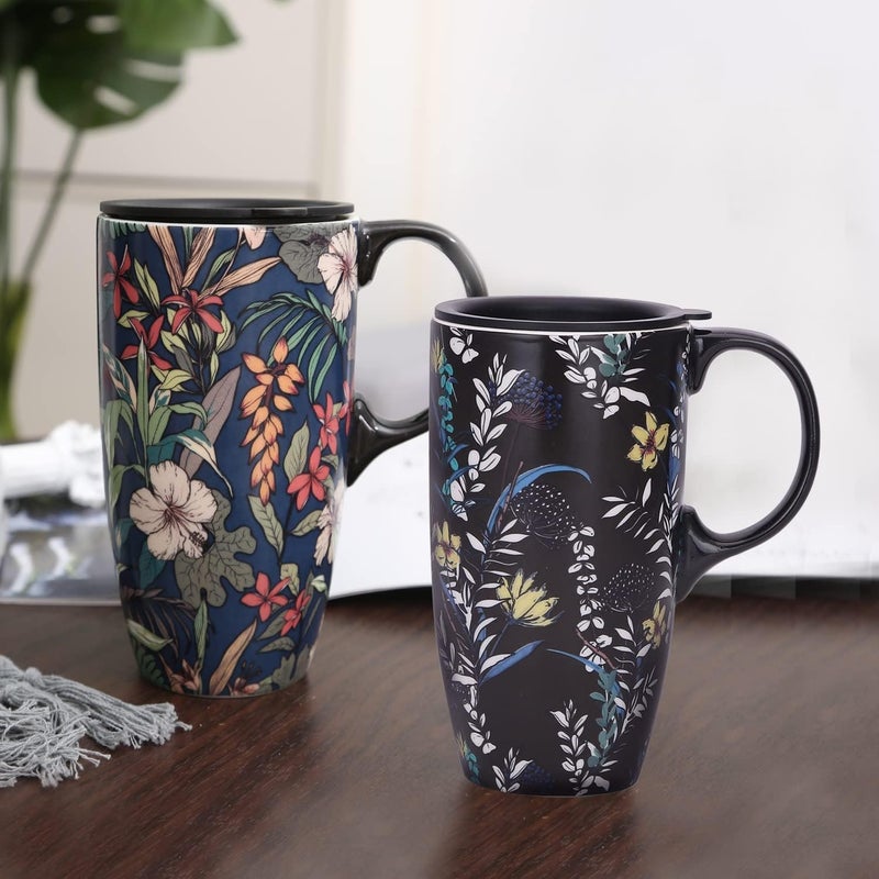 DUSVALLY Set of 2 Ceramic Travel Mug with Lid and Handle Reusable 17 Oz Large Ceramic Latte Teacup with Color Box Coffee Mug for Men Women Office Work Flowers Fathers Day Gift - Image 3