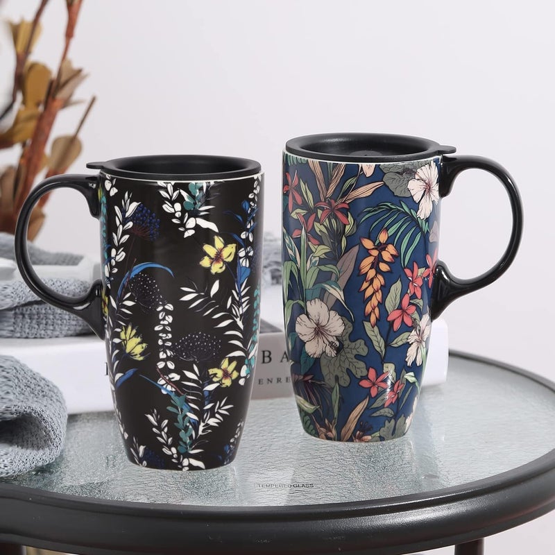 DUSVALLY Set of 2 Ceramic Travel Mug with Lid and Handle Reusable 17 Oz Large Ceramic Latte Teacup with Color Box Coffee Mug for Men Women Office Work Flowers Fathers Day Gift - Image 2